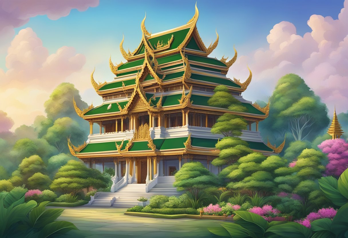 A traditional Thai temple in Singapore, adorned with intricate carvings and vibrant colors, surrounded by lush greenery and peaceful ambiance
