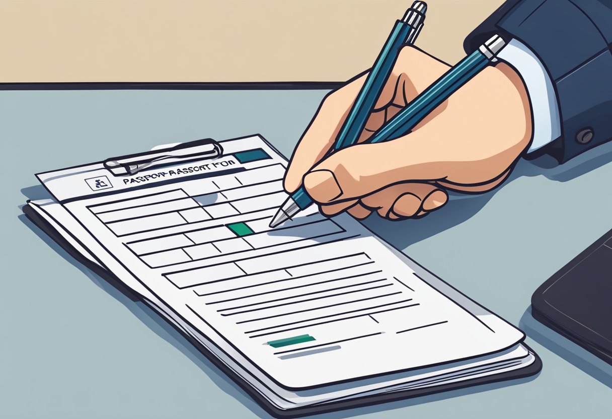 A person filling out a passport application form at a desk with a pen and documents