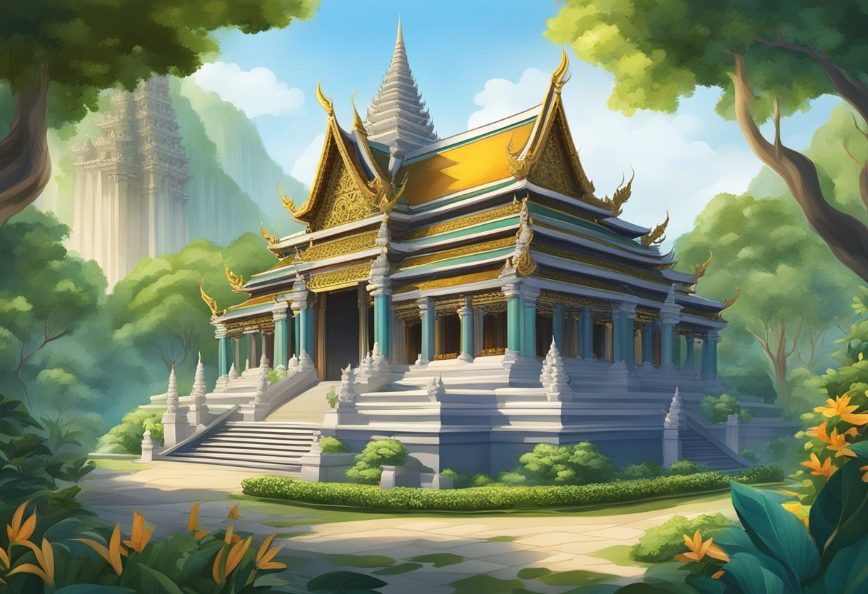 A serene Thai temple in Singapore with ornate architecture and colorful decorations, surrounded by lush greenery and statues of mythical creatures