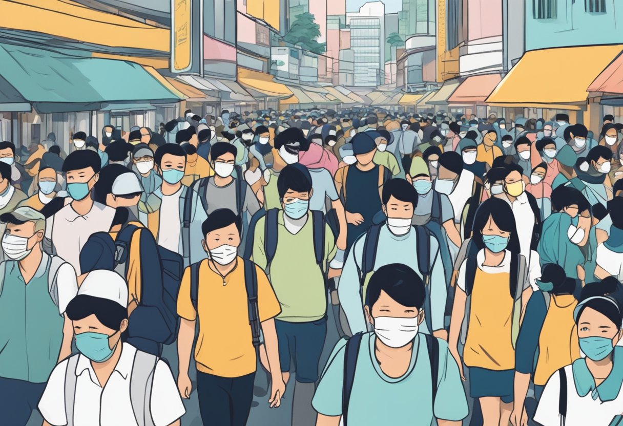A person wearing a surgical mask in a crowded street in Singapore