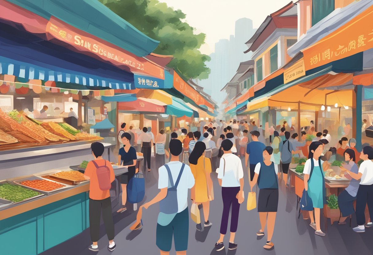A bustling street lined with colorful food stalls, emitting tantalizing aromas as locals and tourists alike flock to sample a diverse array of dishes from Singapore's vibrant 24-hour food scene