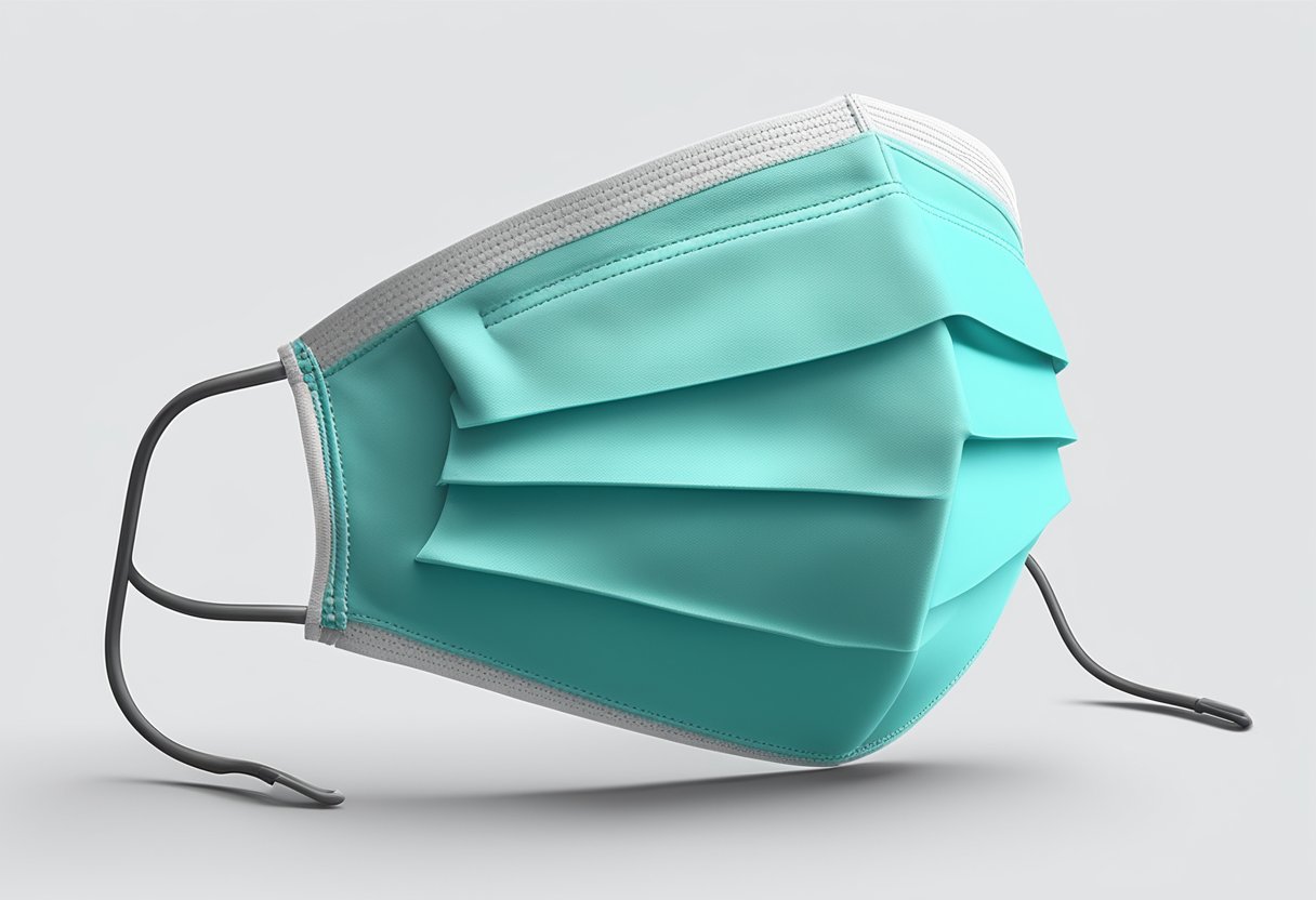A surgical mask lies flat on a clean, white surface, with its ear loops stretched out and the pleats visible
