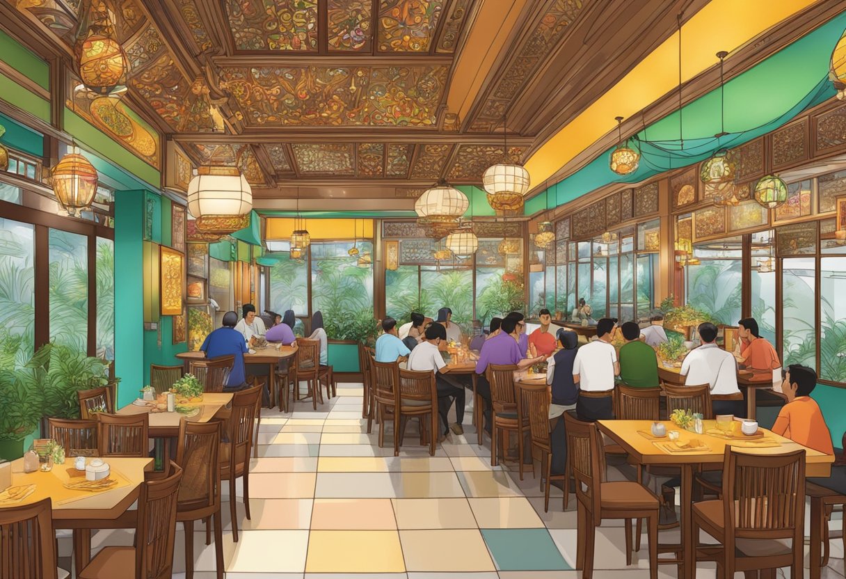 The bustling atmosphere of Zam Zam Restaurant in Singapore, with colorful decor and aromatic spices filling the air