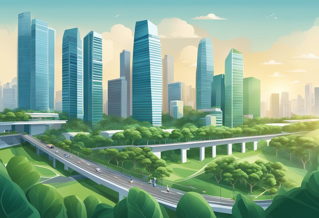 A bustling city skyline with modern high-rise buildings and lush greenery, showcasing the dynamic and thriving Singapore property market