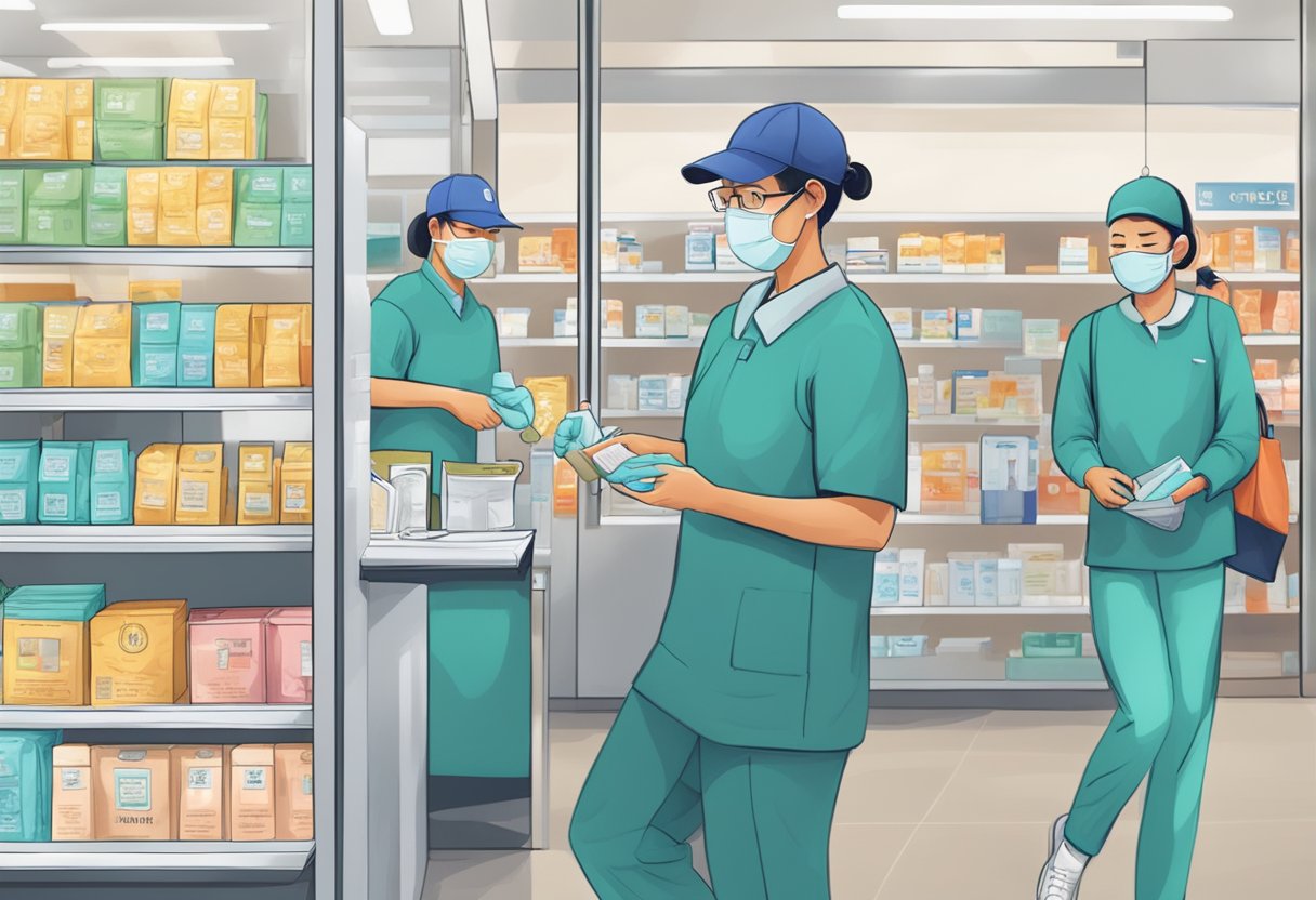 A person purchasing surgical masks at a Singapore pharmacy, then putting one on before entering a crowded public space
