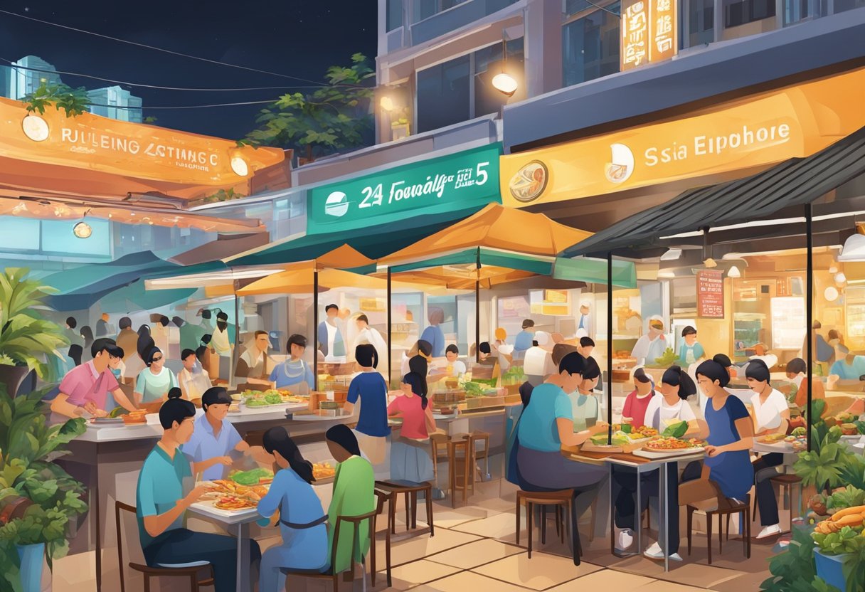 A bustling 24-hour food scene in Singapore with various cuisines and vendors, creating a lively and dynamic atmosphere