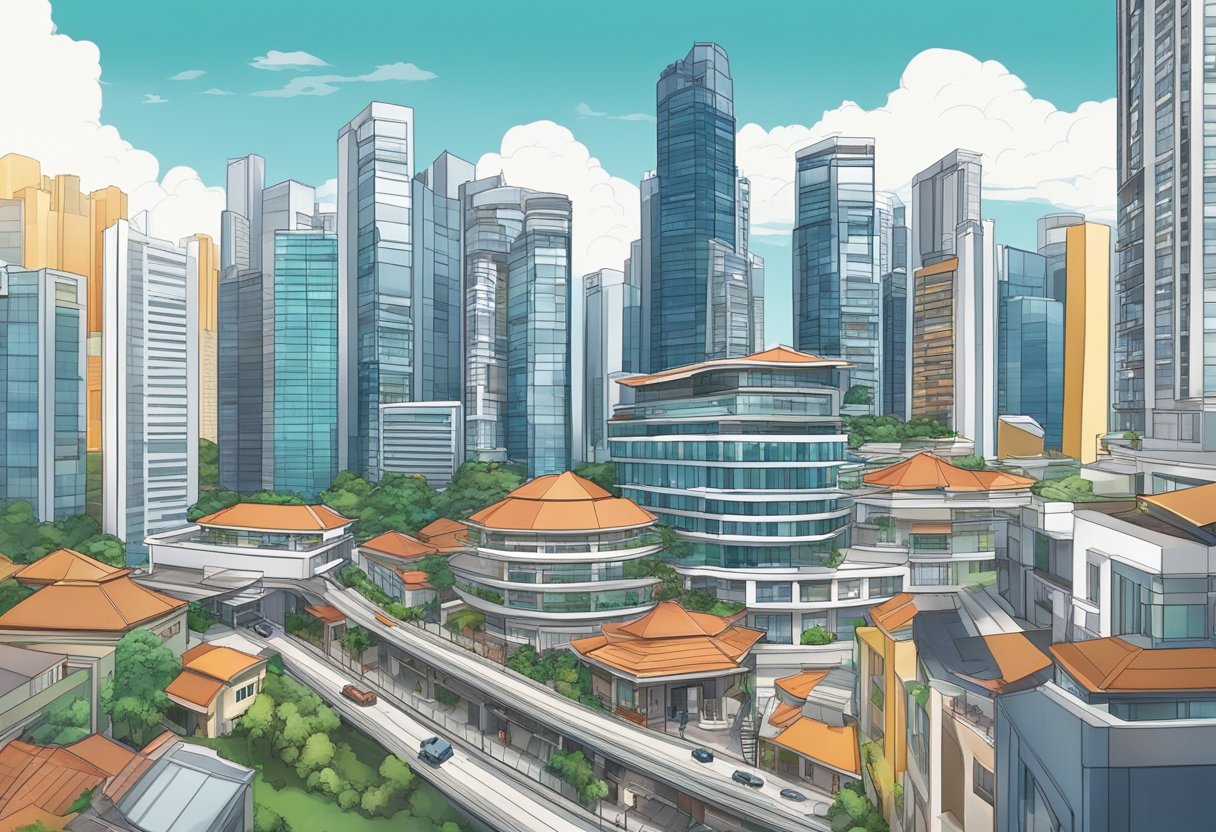 A bustling Singapore property market with skyscrapers, bustling streets, and a mix of traditional and modern architecture