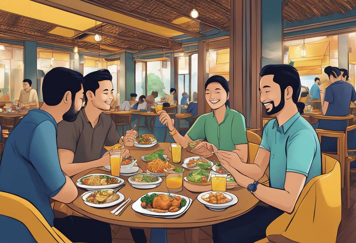 Customers enjoy aromatic dishes at Zam Zam Restaurant, Singapore. The vibrant atmosphere and friendly service enhance the dining experience