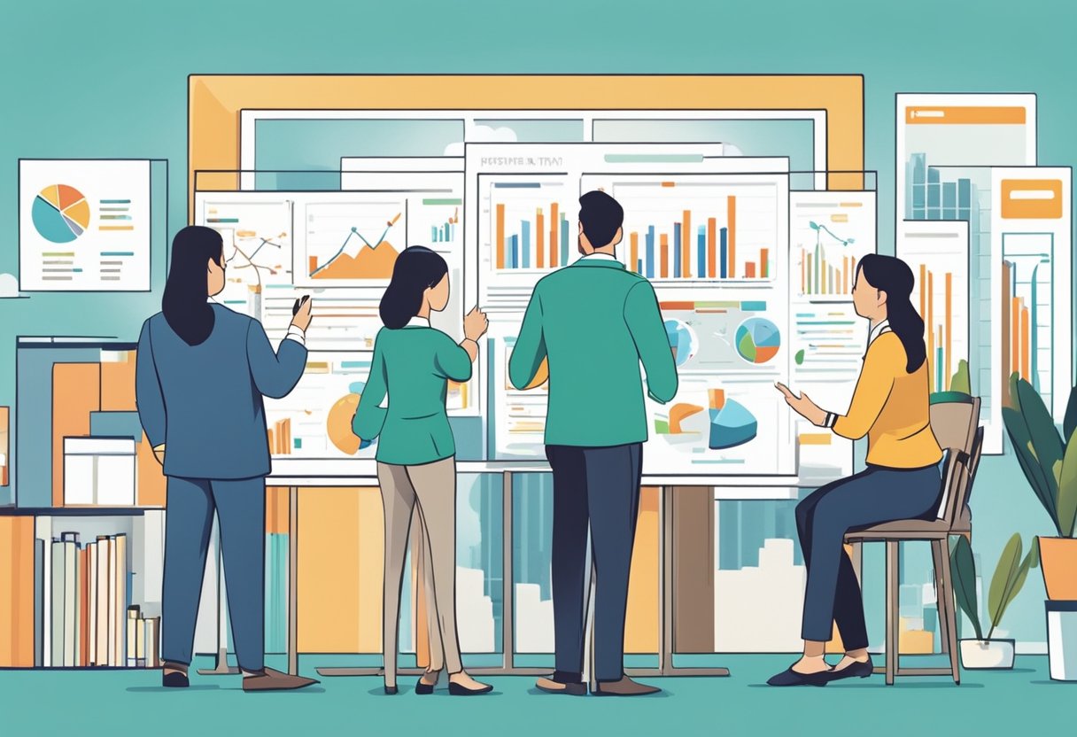 Potential buyers and sellers gather around a real estate agent, discussing the Singapore property market. Charts and graphs are displayed, while the agent answers questions