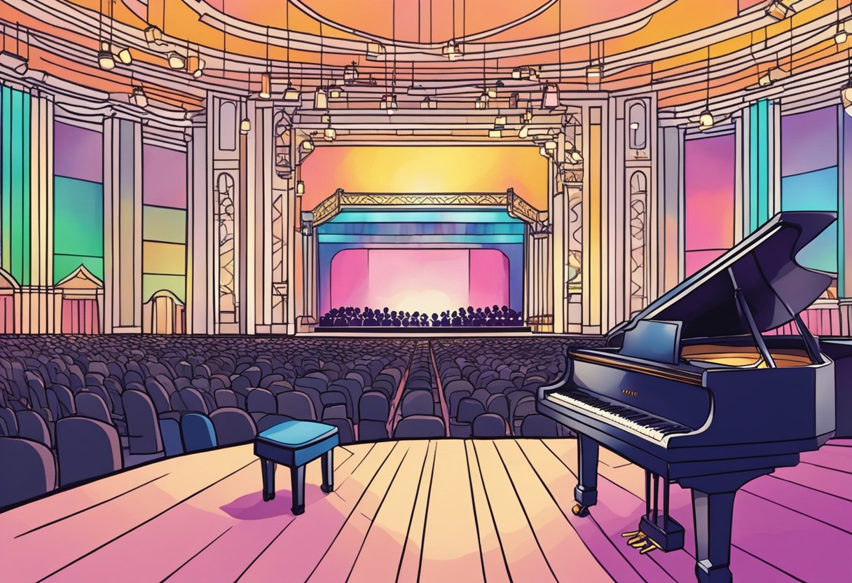 A stage with colorful lights, a microphone, and a grand piano set up for a concert by Arijit Singh in Singapore