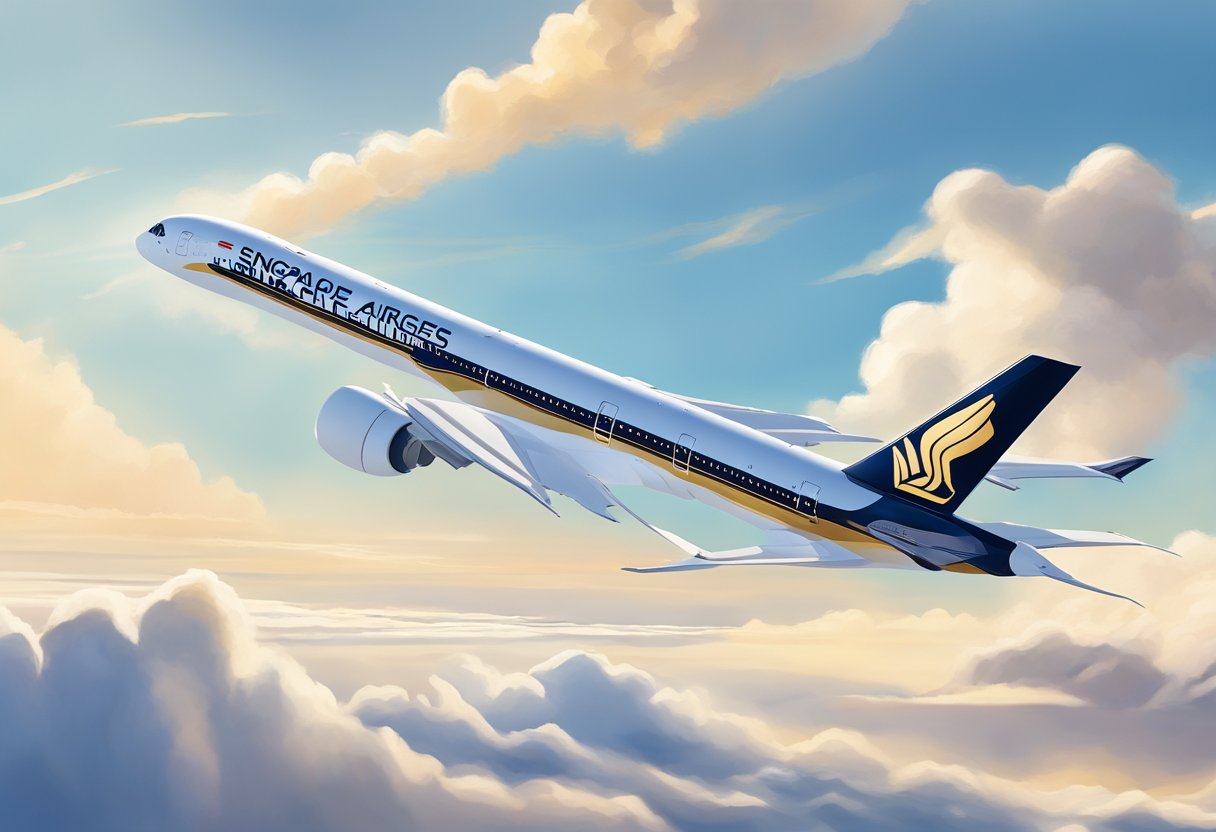 The Singapore Airlines A350 glides gracefully through the clear blue skies, its sleek and modern design catching the sunlight as it soars through the air