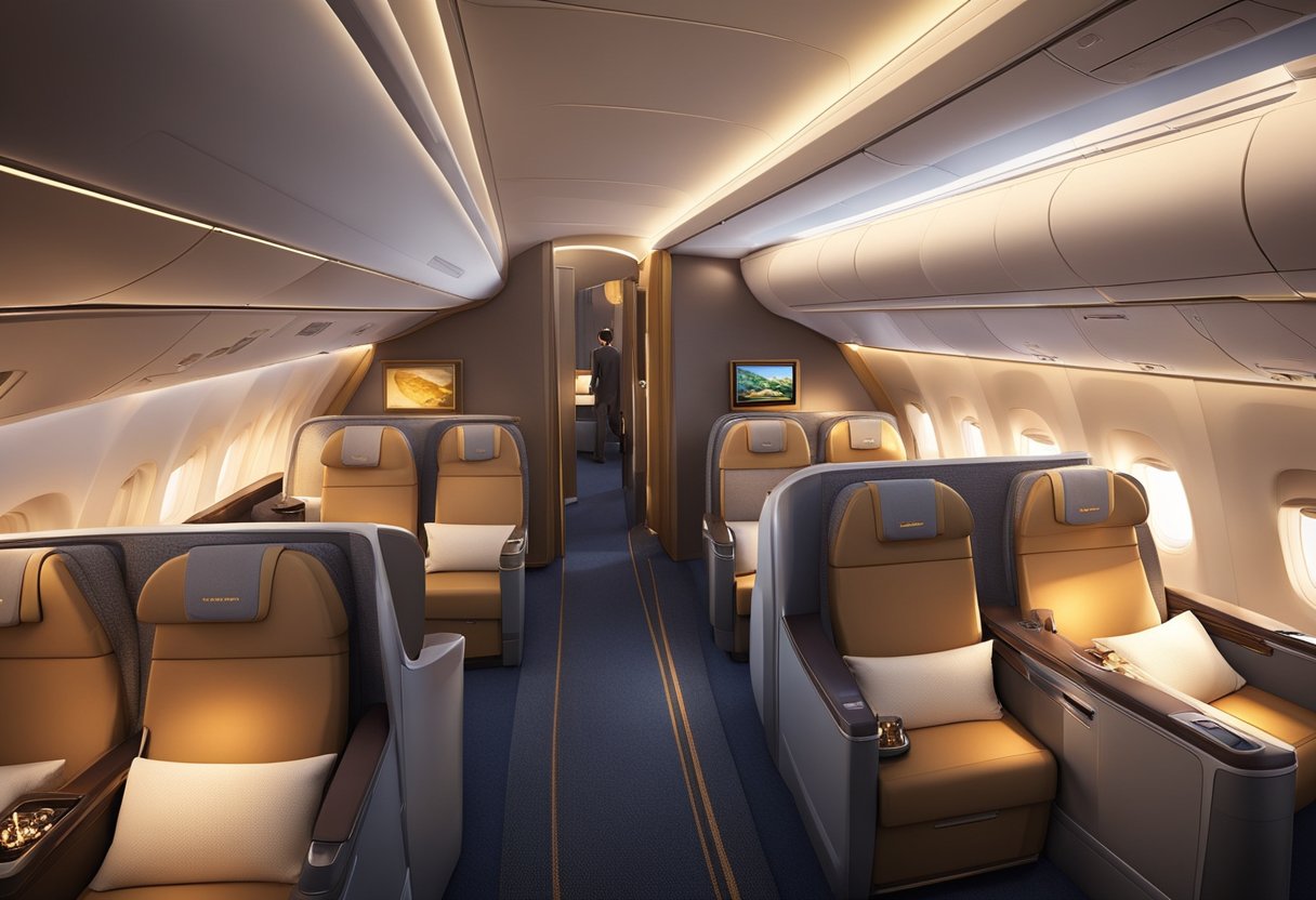 Passengers recline in spacious seats, enjoying gourmet meals and entertainment on Singapore Airlines' A350. The cabin is bathed in soft ambient lighting, creating a cozy and luxurious atmosphere