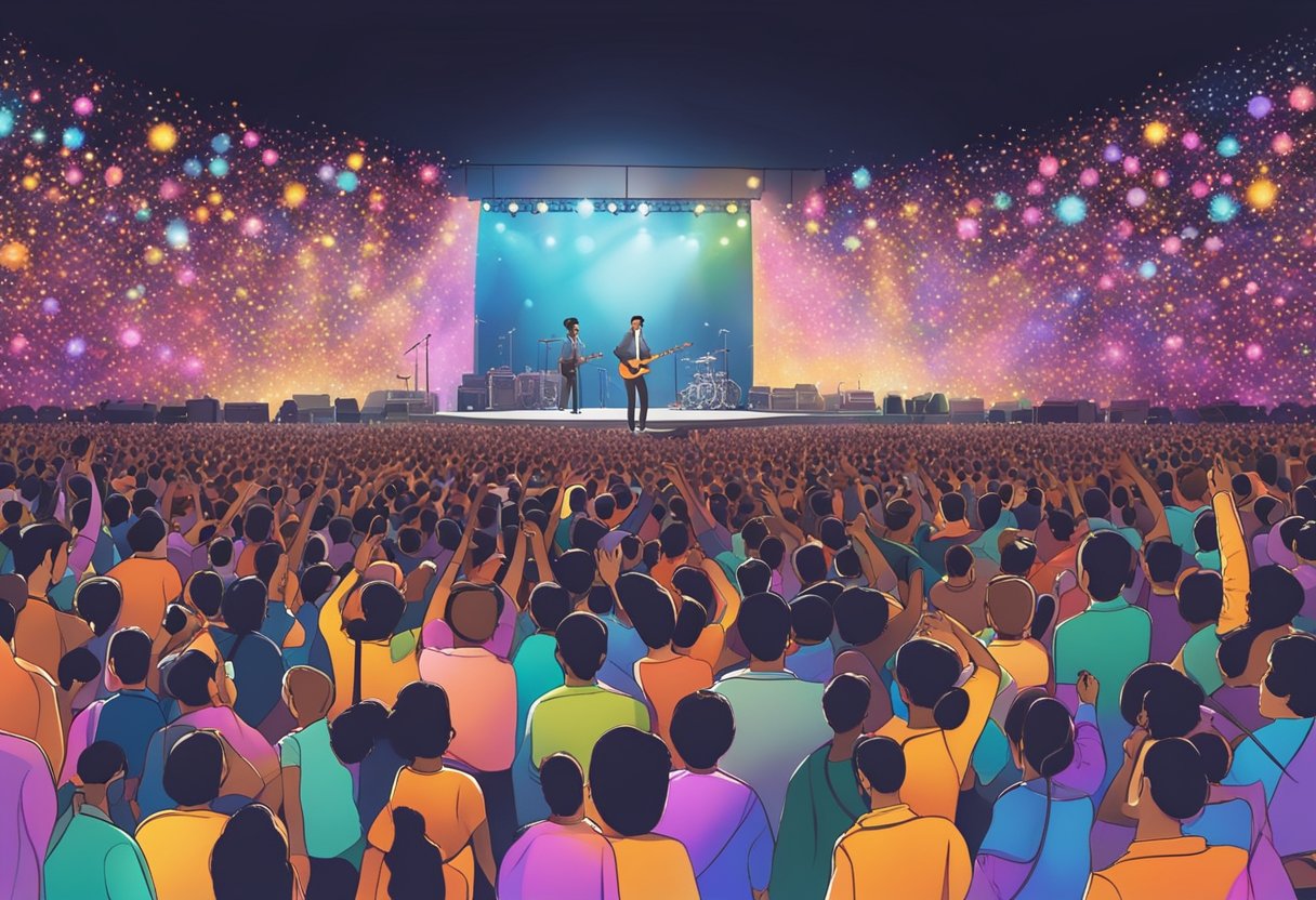 A stage with colorful lights, a microphone stand, and a crowd of cheering fans, as Arijit Singh performs in Singapore
