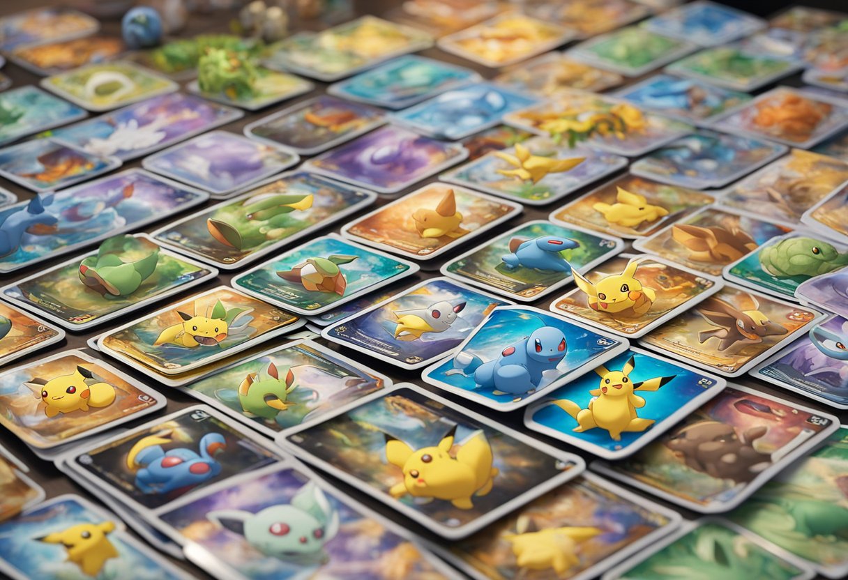 A collection of Pokemon cards spread out on a table in Singapore