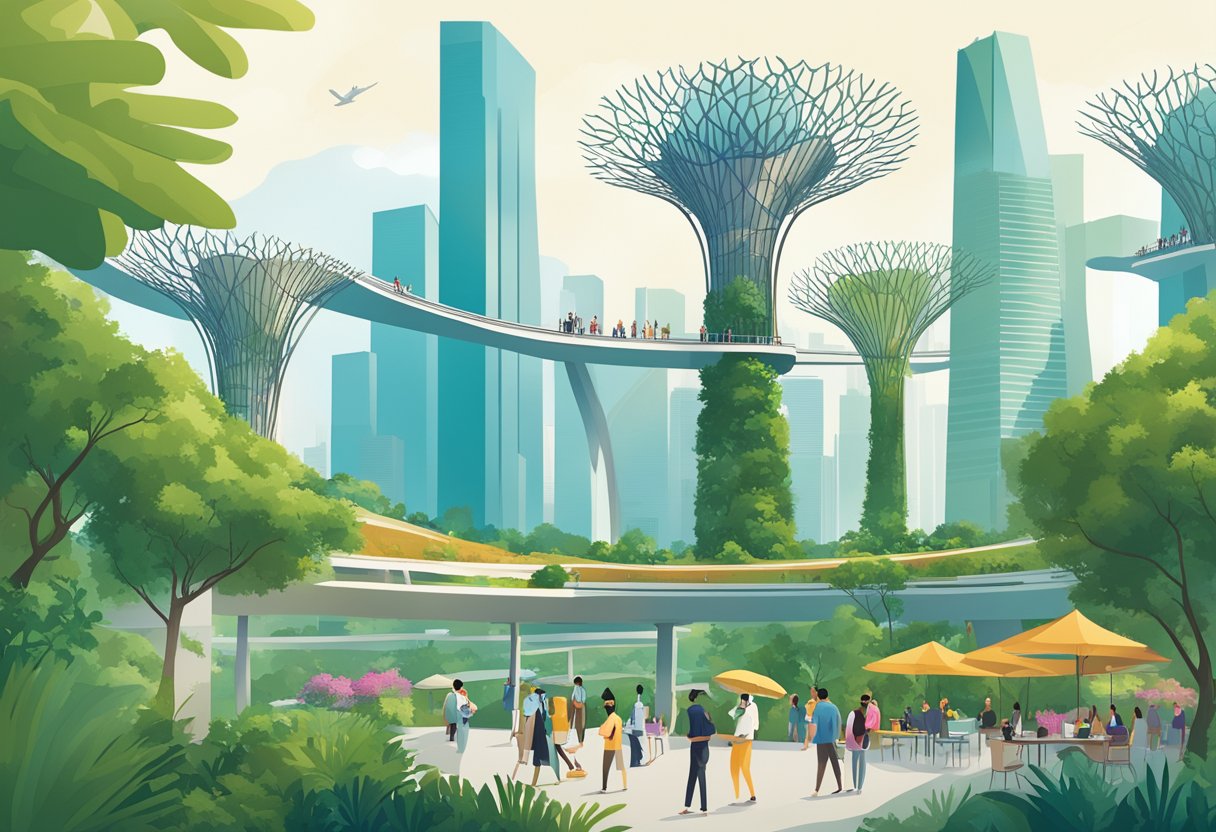 A bustling cityscape with iconic landmarks like the Marina Bay Sands and the futuristic Supertree Grove, set against a backdrop of modern architecture and lush greenery
