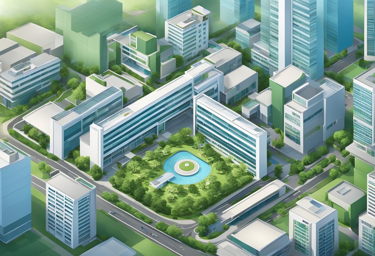 An aerial view of Singapore hospitals, with modern buildings and greenery surrounding the medical facilities