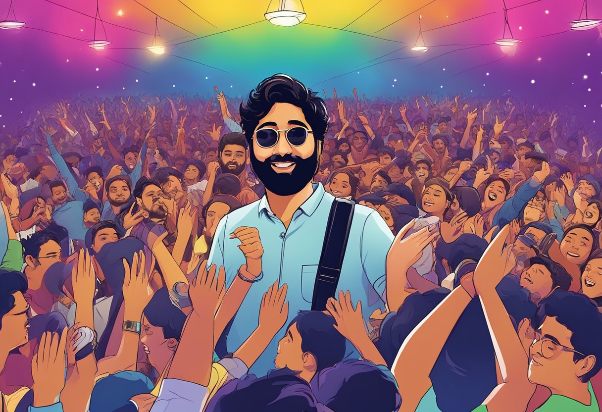 Arijit Singh performing live in Singapore, surrounded by a crowd of enthusiastic fans, with colorful stage lighting and a vibrant atmosphere