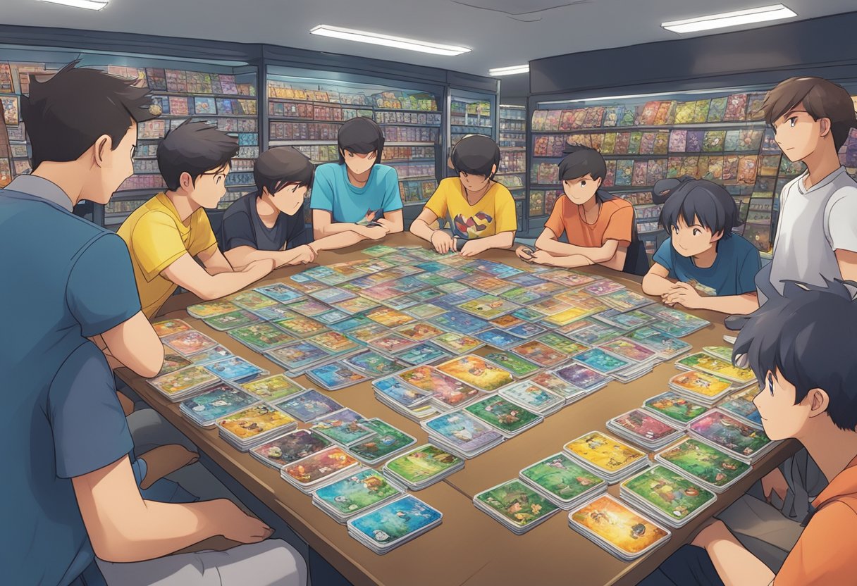 A table with Pokémon TCG cards spread out, surrounded by eager players in a brightly lit game store in Singapore