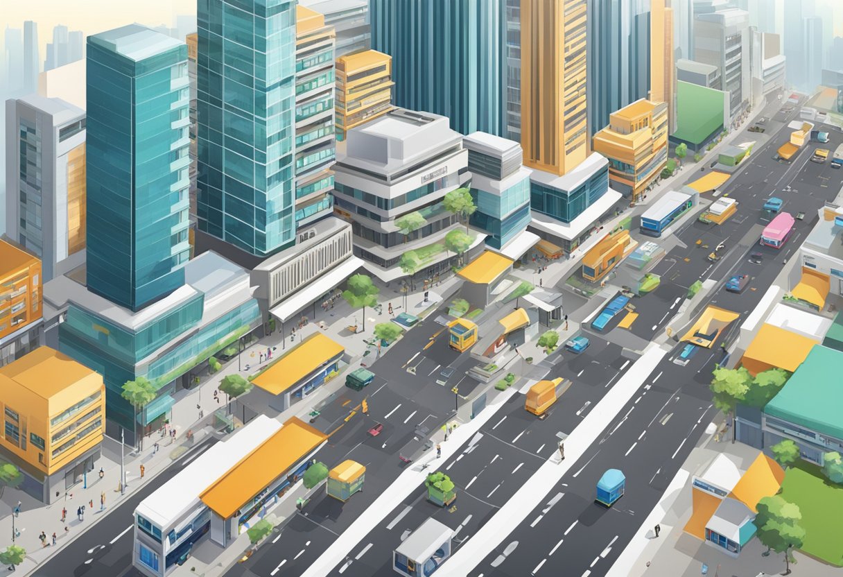 A bustling city street with various support services and resources buildings in Singapore