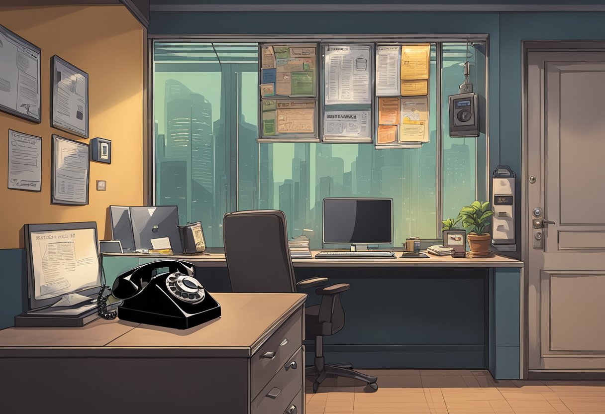 A signboard hangs outside a dimly lit office in Singapore. The door is slightly ajar, revealing a cluttered desk and a vintage rotary phone