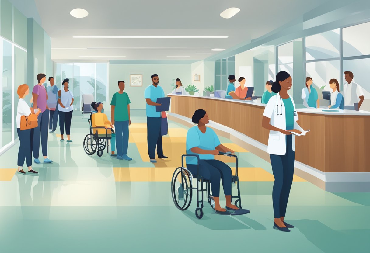 Busy hospital lobby with patients waiting, staff assisting, and caregivers providing support