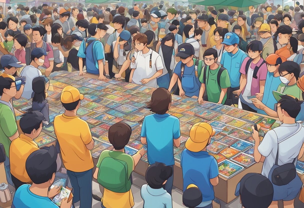 Trainers trade Pokémon cards at a bustling event in Singapore, surrounded by colorful displays and eager collectors