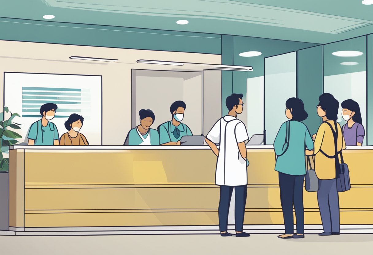 Patients lining up at the reception desk of a modern hospital in Singapore, with a sign overhead reading "Frequently Asked Questions."