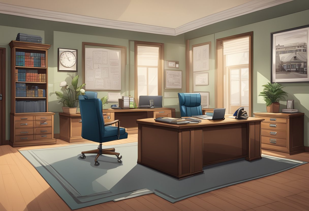 A sleek office with modern furnishings, a sign reading "Private Detective Agency," and a board displaying case photos and information