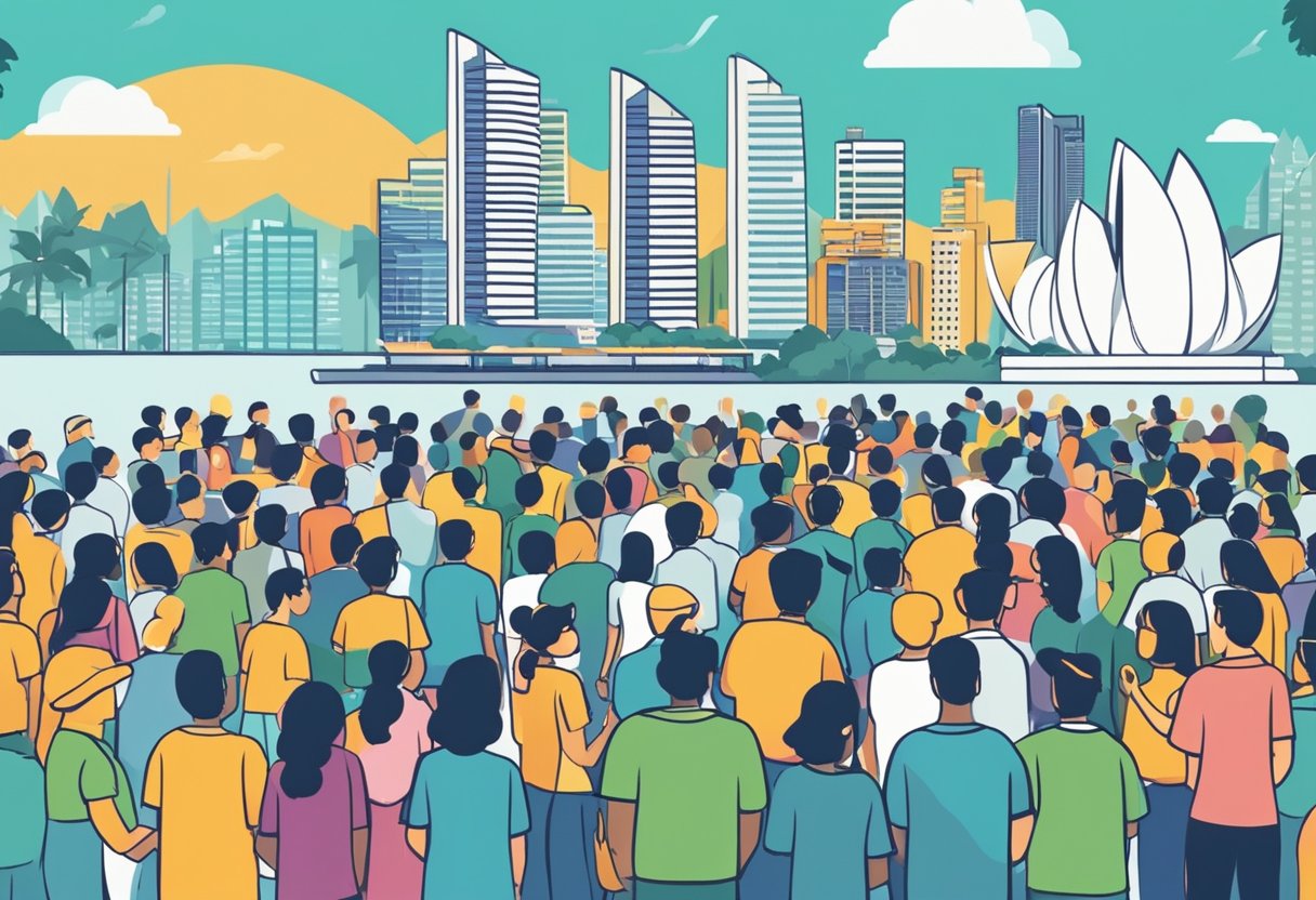 A group of people gather at a conference, discussing and promoting educational programs and advocacy in Singapore. Banners and posters display the message