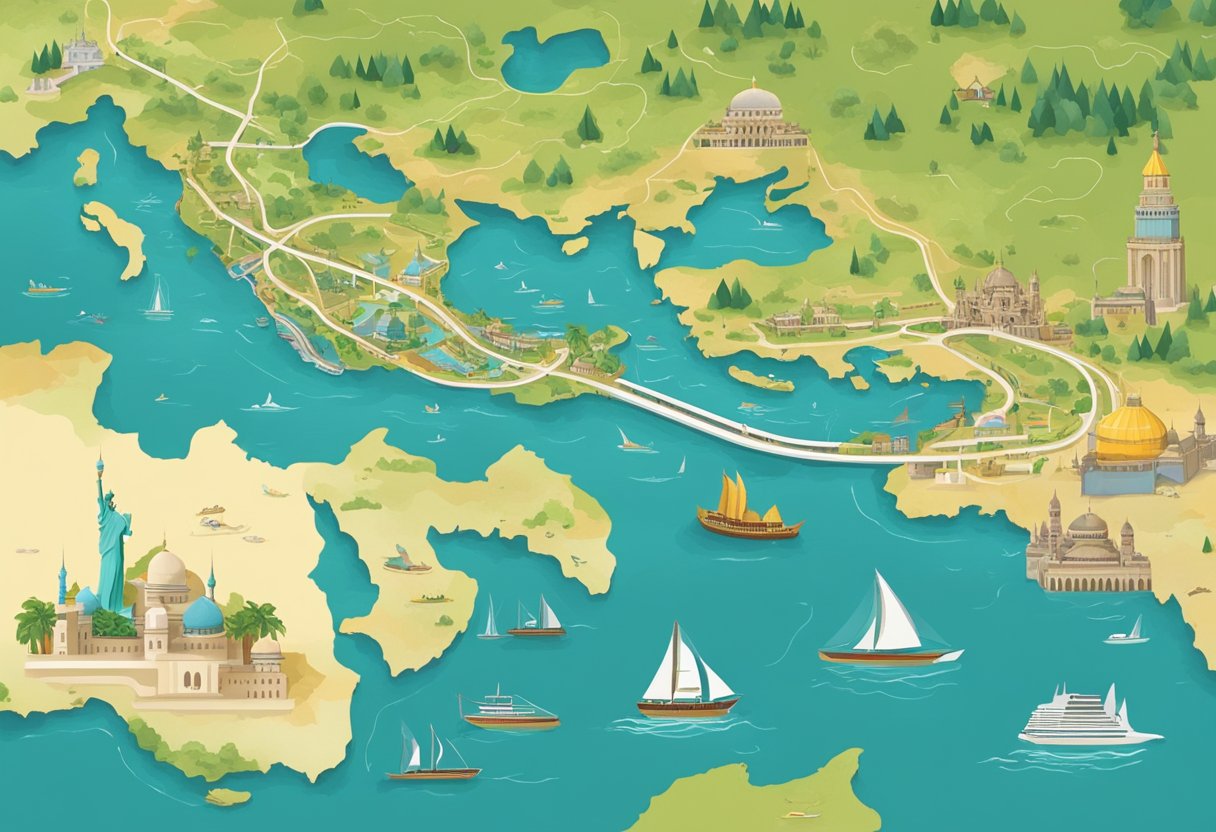 A colorful map of the route from Singapore to Istanbul, with iconic landmarks along the way