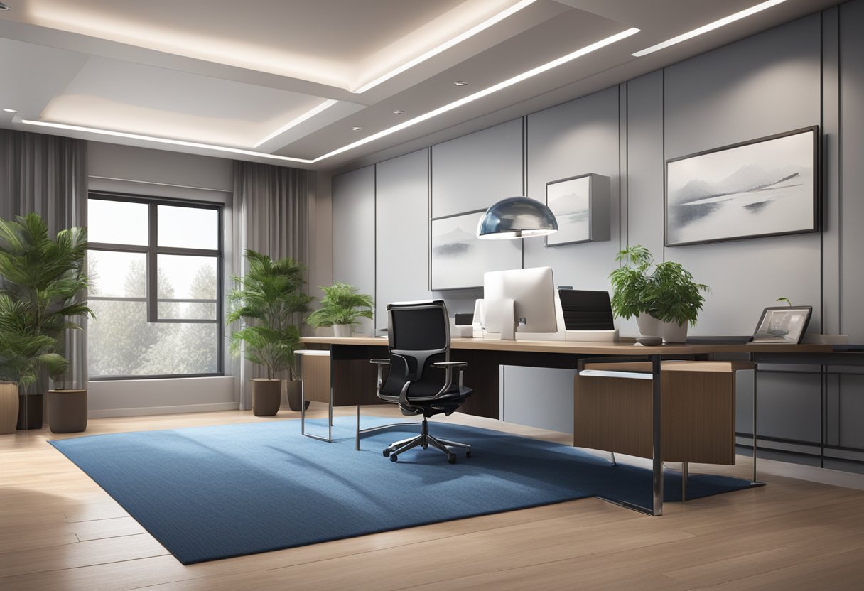A sleek office with modern furnishings and a logo prominently displayed. The atmosphere exudes professionalism and confidence