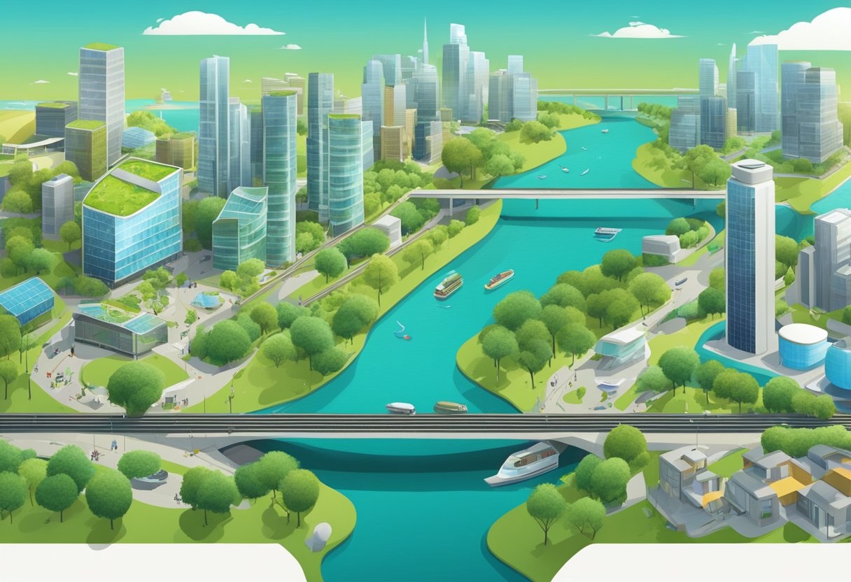 A bustling city with green spaces, solar panels, and recycling bins, surrounded by clean waterways and efficient public transportation