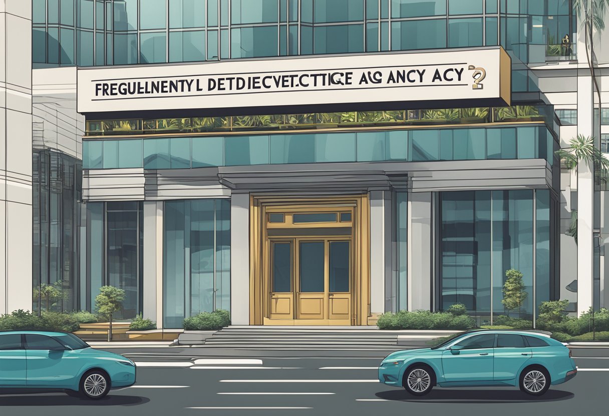 A signboard outside a sleek office building in Singapore, with the words "Frequently Asked Questions private detective agency" in bold, professional lettering