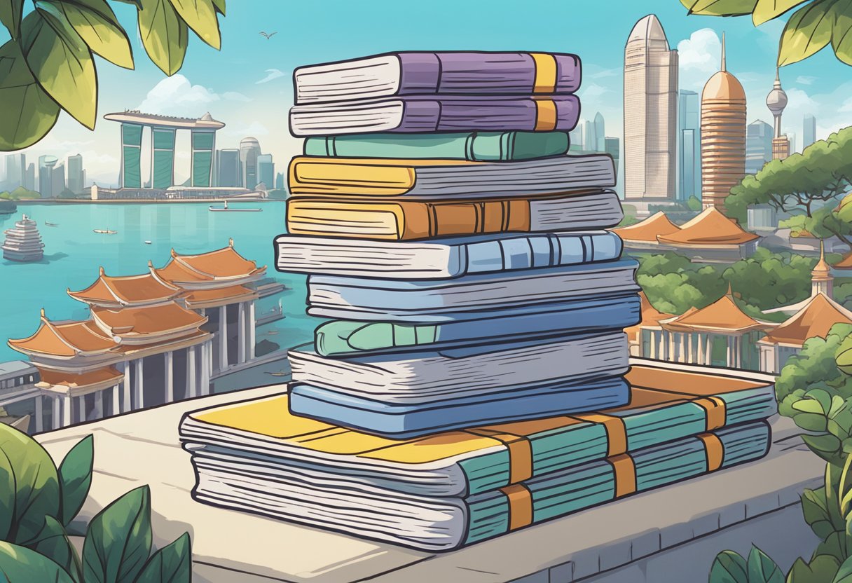 A stack of Pokemon cards with a "Frequently Asked Questions" banner, set against a backdrop of iconic Singapore landmarks