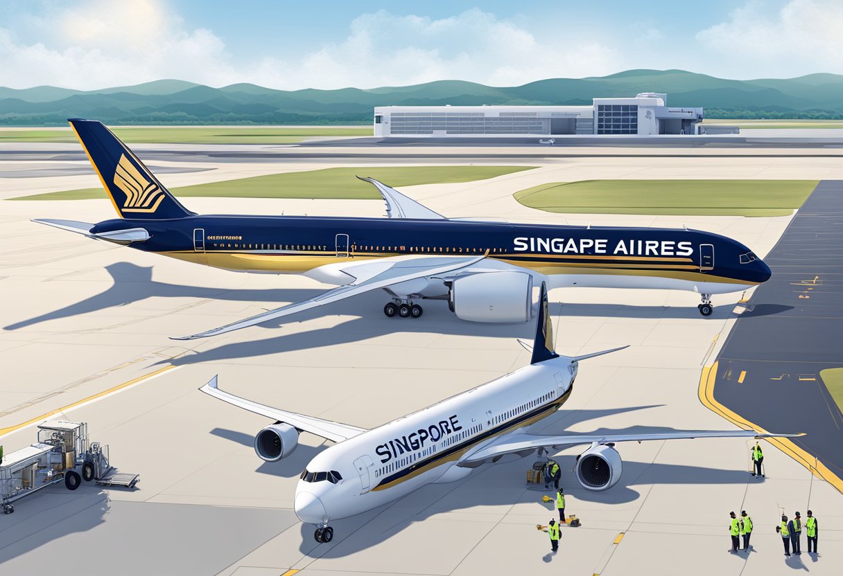 The Singapore Airlines A350 sits on the tarmac, its sleek fuselage and wingtips catching the sunlight. Ground crew members work around the aircraft, loading cargo and performing final checks before departure