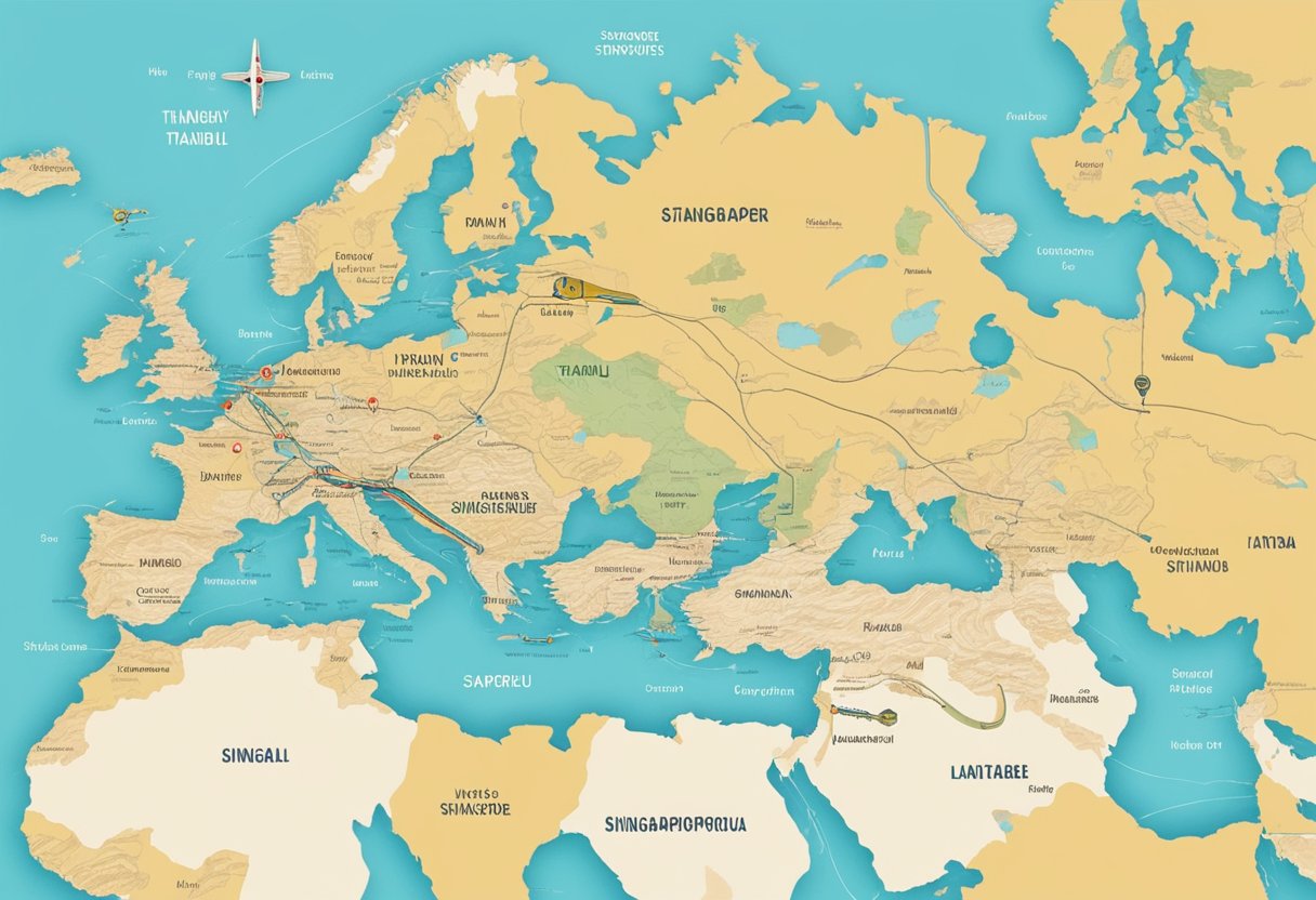 A map of the world with a highlighted route from Singapore to Istanbul, with various transportation options and landmarks along the way