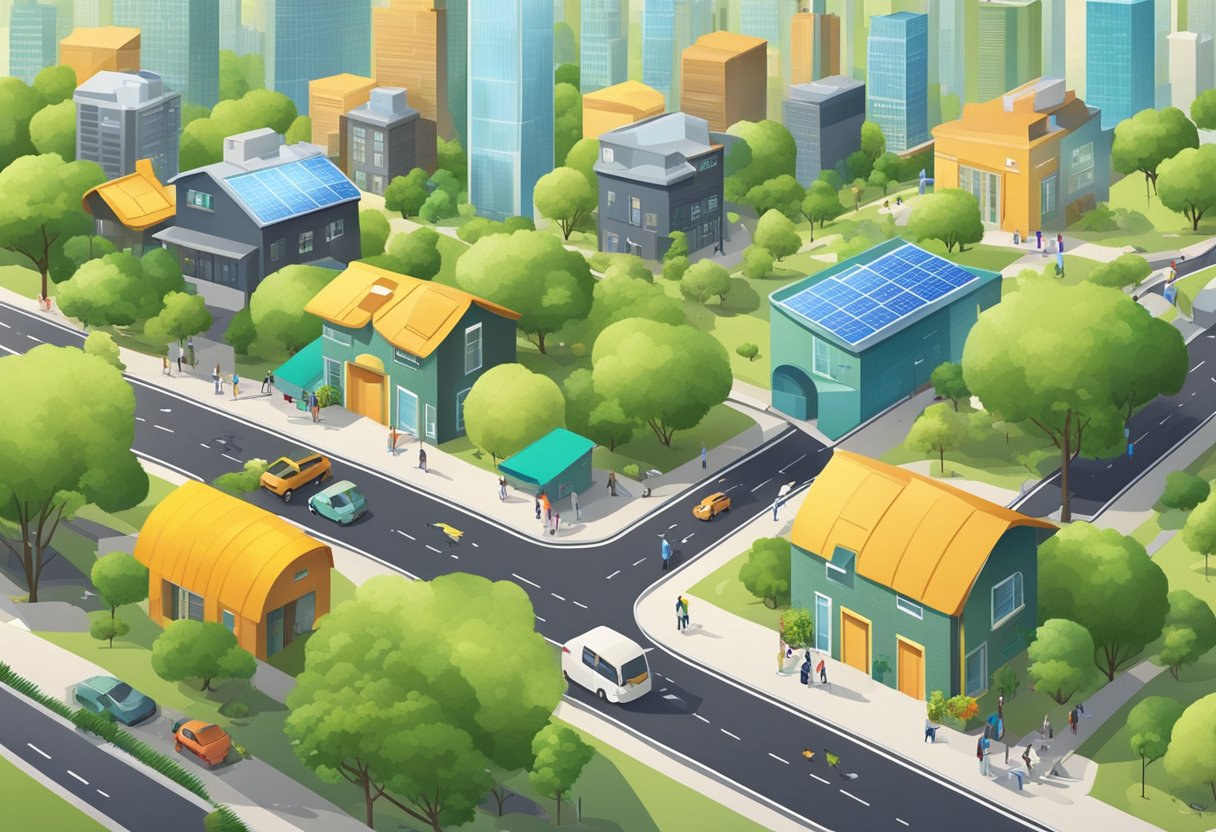 A bustling city skyline with green parks, solar panels, and recycling bins. A diverse community engages in eco-friendly activities