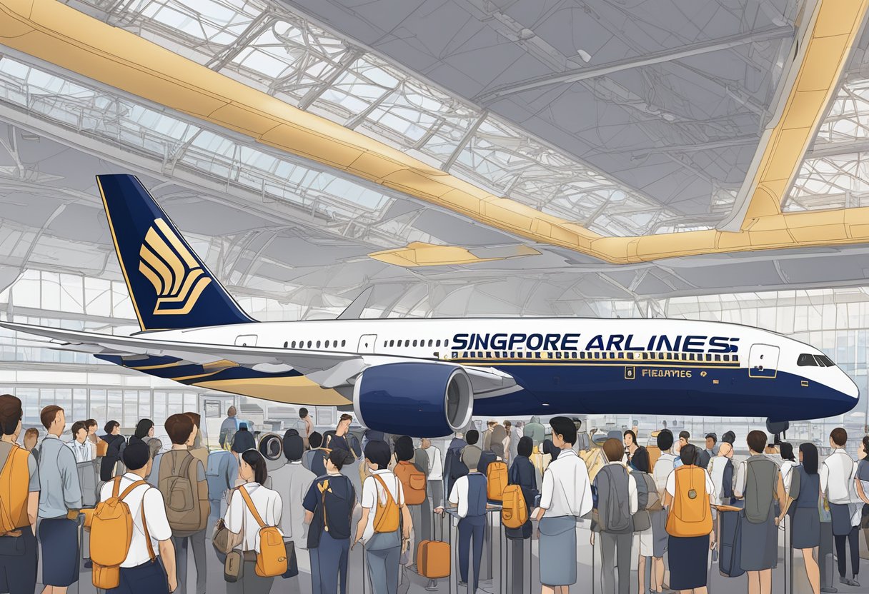 A Singapore Airlines A350 aircraft surrounded by passengers and staff, with a prominent "Frequently Asked Questions" sign displayed at the check-in counter