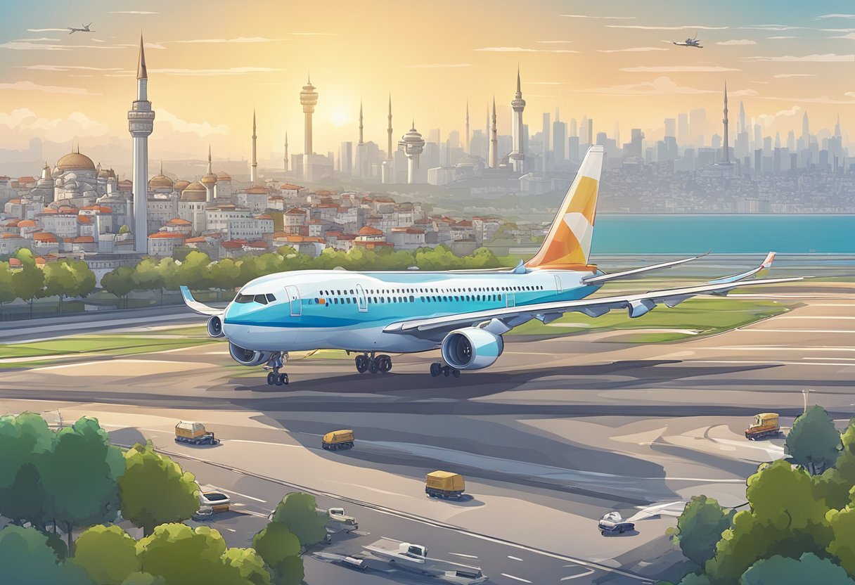 A plane landing at Istanbul airport with city skyline in the background
