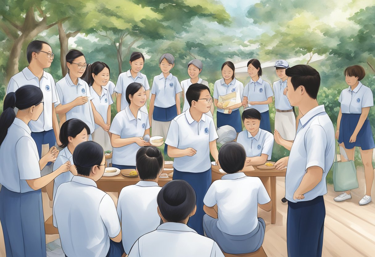 People gathered around Tzu Chi Singapore, offering support and participating in various activities. The atmosphere is filled with warmth and compassion