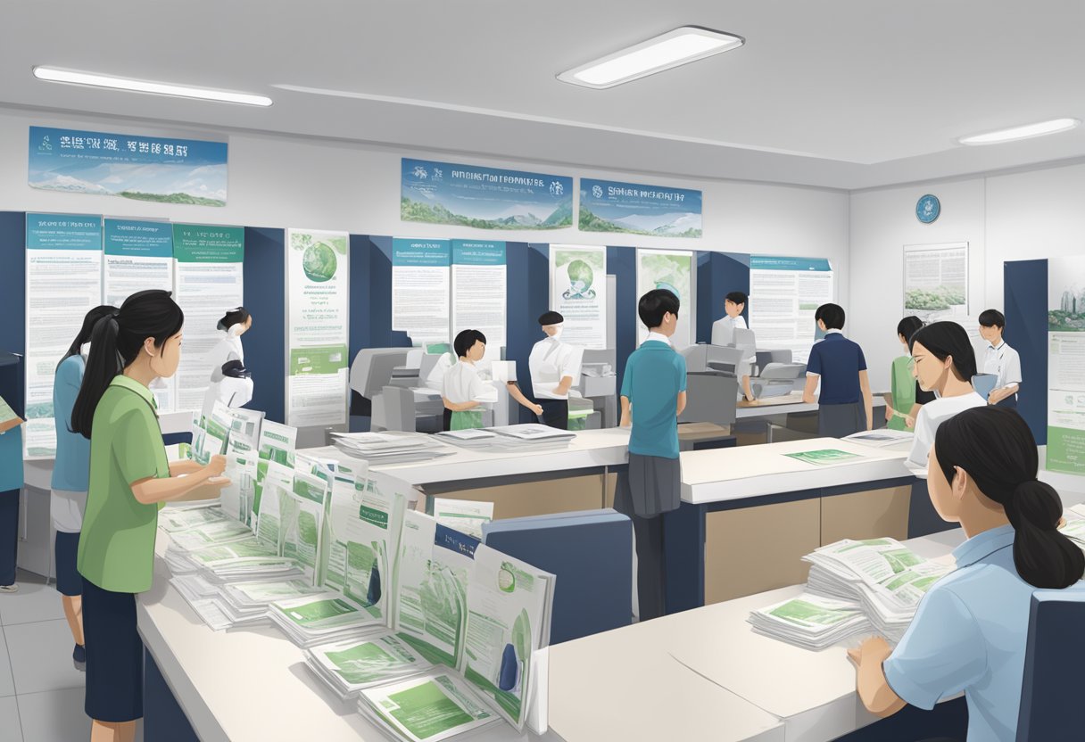 A busy office with people lining up at a counter, pamphlets and posters about Tzu Chi Singapore displayed on the walls