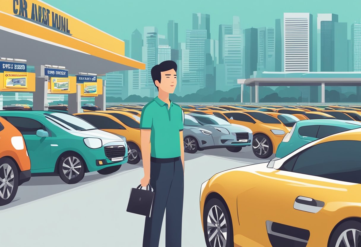 A person stands in front of a row of cars, comparing their features and prices. A sign reads "Car Rental Singapore to Malaysia" in the background
