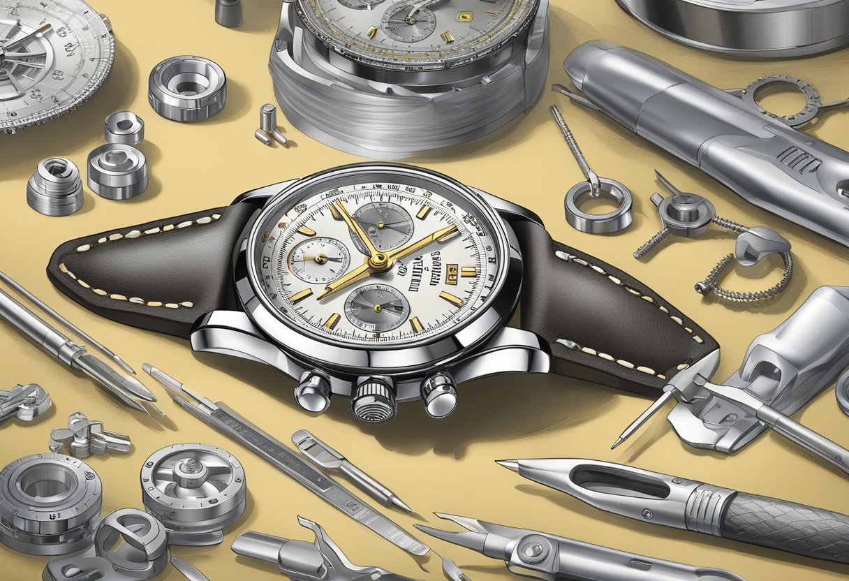 A Breitling watch being meticulously assembled by skilled craftsmen in a state-of-the-art workshop, with precision tools and intricate components laid out on a clean, well-lit workbench