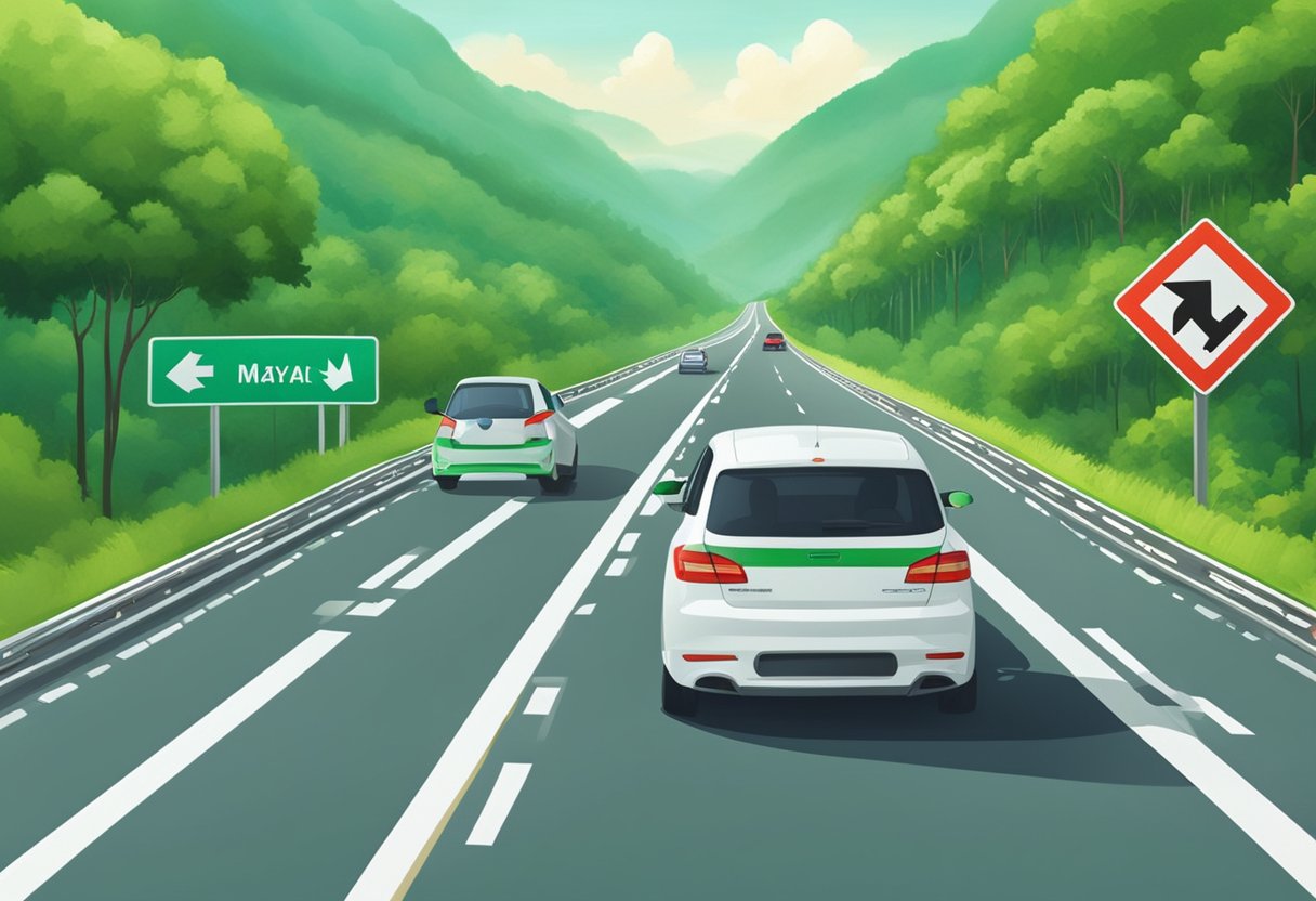 A car driving from Singapore to Malaysia on a smooth highway with clear road signs and lush green scenery