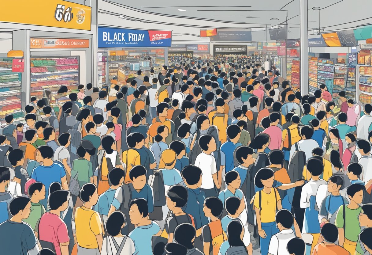 Shoppers flock to stores, grabbing discounted items. Signs advertise "Black Friday Sales" in Singapore. Crowds fill the aisles, eager to maximize savings