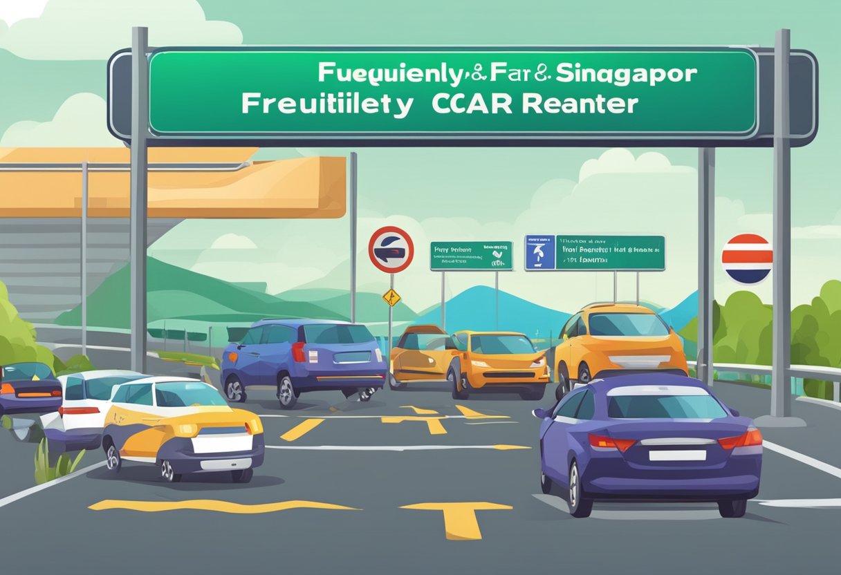 A line of cars crossing the border from Singapore to Malaysia, with a sign indicating "Frequently Asked Questions" about car rental