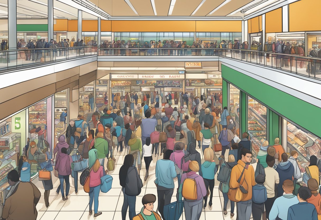 A crowded mall with bold "Black Friday Sales" signs, shoppers carrying multiple bags, and long lines at cash registers