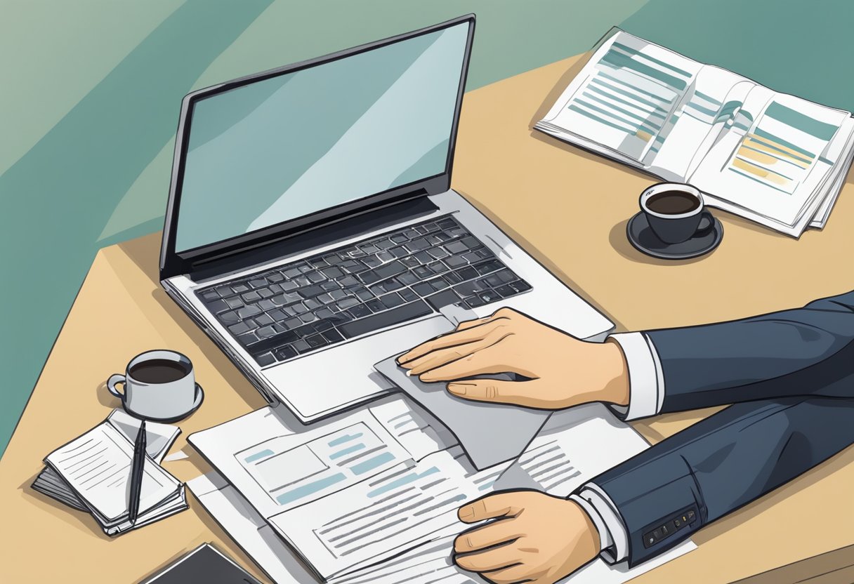 A table with a laptop, pen, and paper. A sign reads "Frequently Asked Questions breitling singapore." A person's hand reaches for the paper