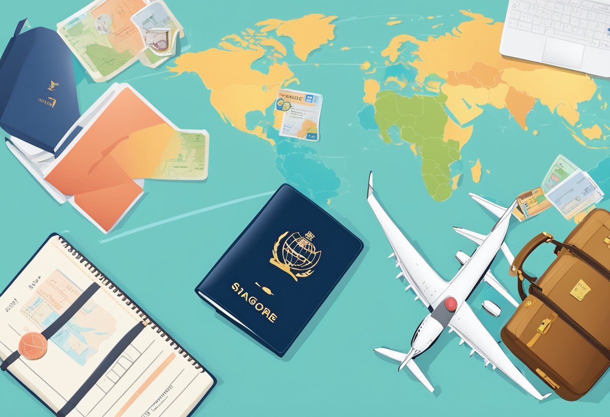 A passport with a Singapore visa stamp, a map of Singapore, a plane ticket, and a suitcase with travel stickers