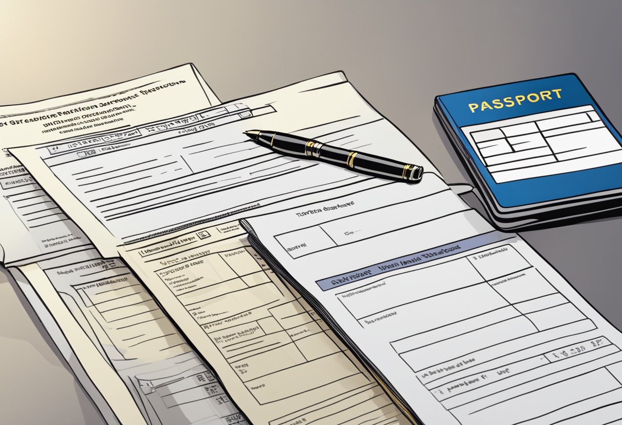 A passport and visa application form lay on a desk with a pen next to it. A computer screen shows a confirmation message for a Singapore tourist visa